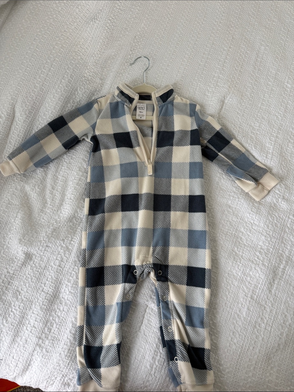 Carter's Cream & Blue Buffalo Check Fleece One-Piece Footie